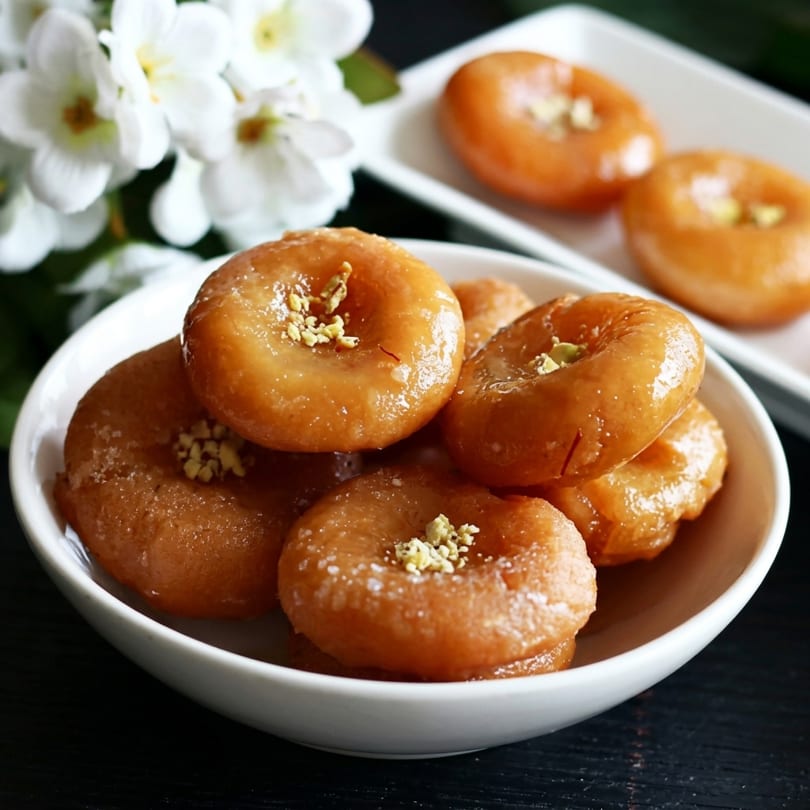 A white bowl filled with golden-brown Indian gulab jamun donuts, garnished with pistachios and saffron.