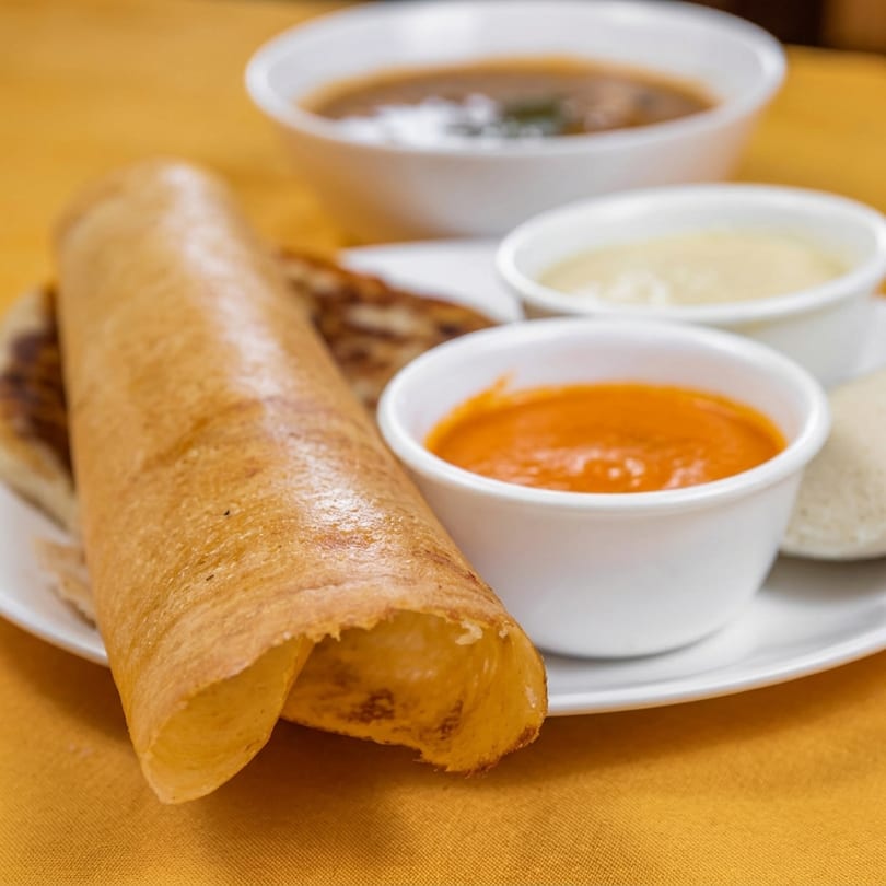 Crispy dosa served with three small bowls of colorful chutneys and sambar on a white plate.